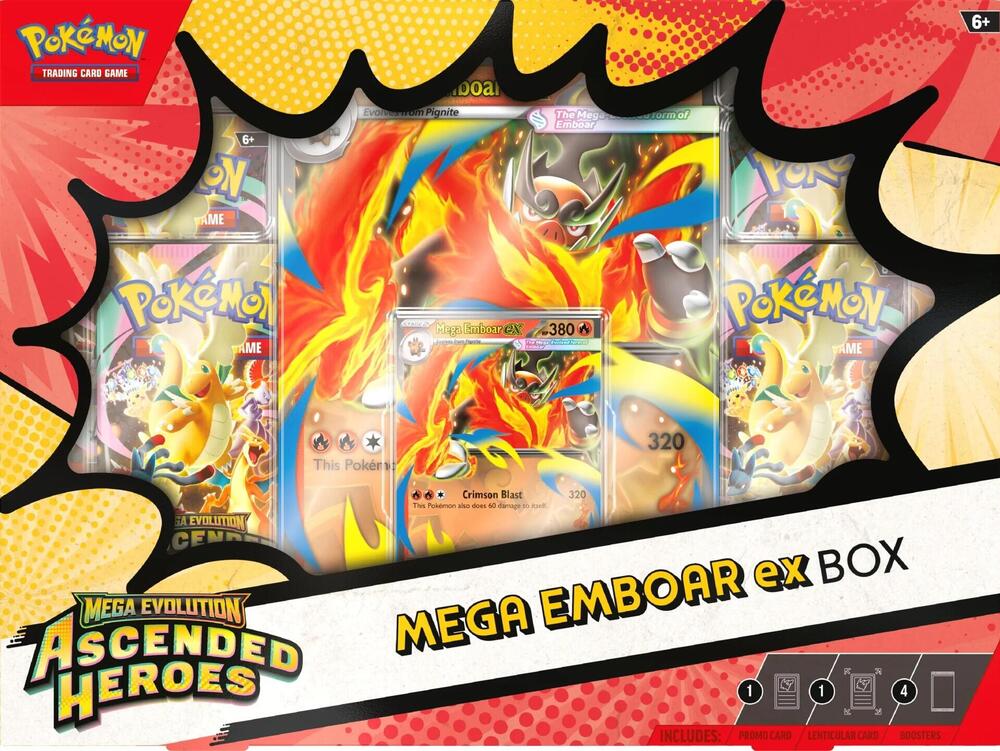 Pokémon Ascended Heroes Mega Emboar ex Box with 4 Booster Packs