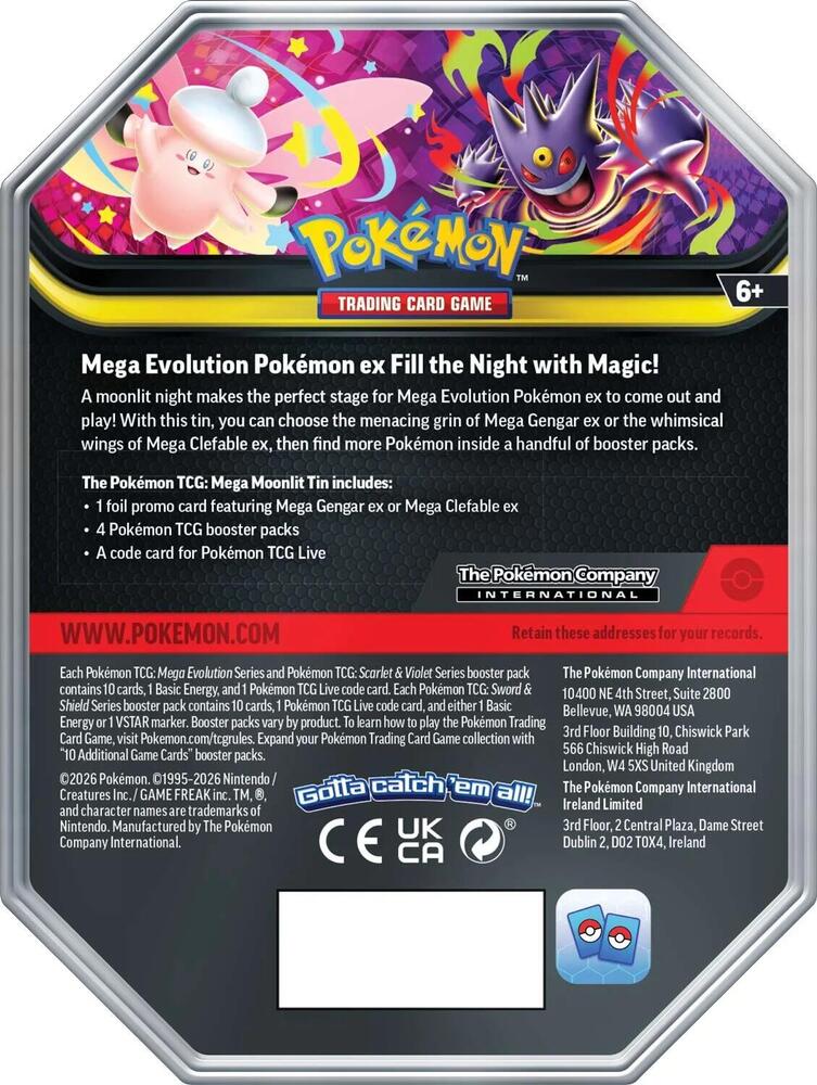 Back of Pokémon TCG Mega Moonlit Tin Mega Clefable ex packaging